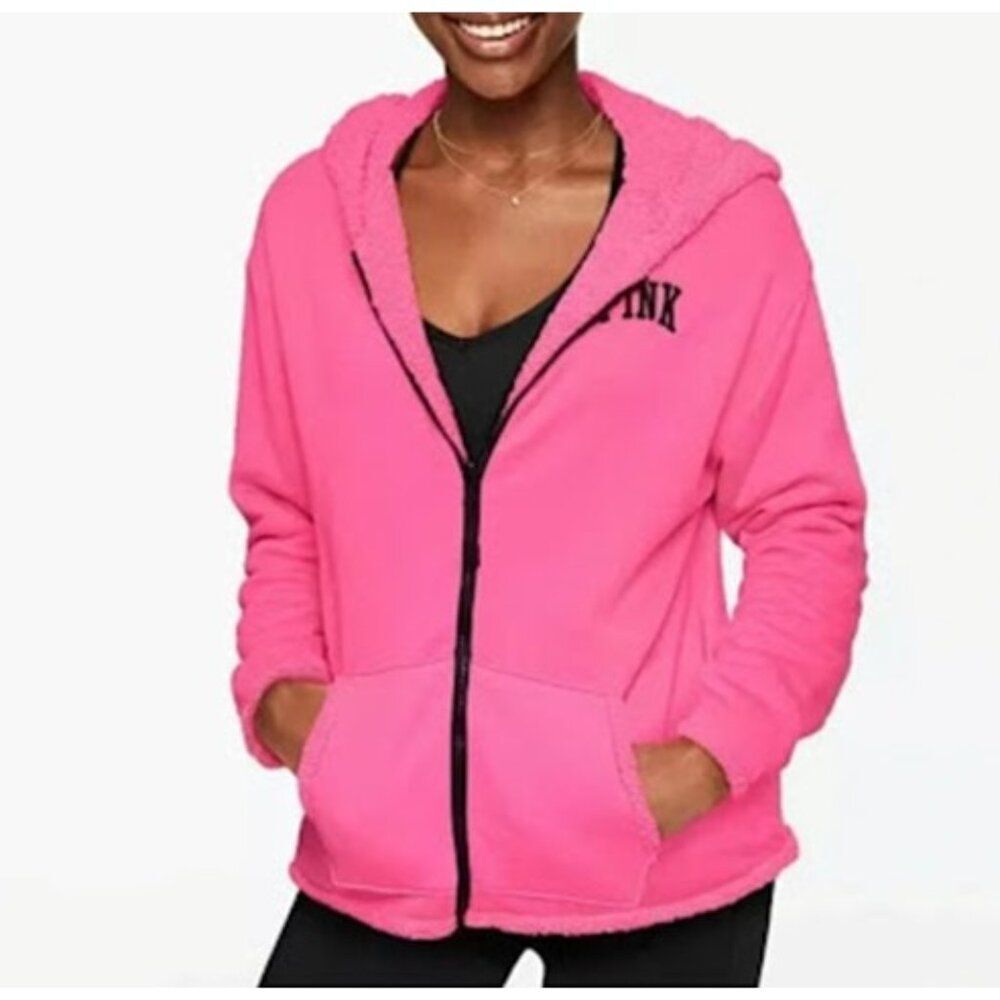 PINK Victorias Secret Reversible Sherpa Hoodie Neon Pink Zip Jacket XS McBling